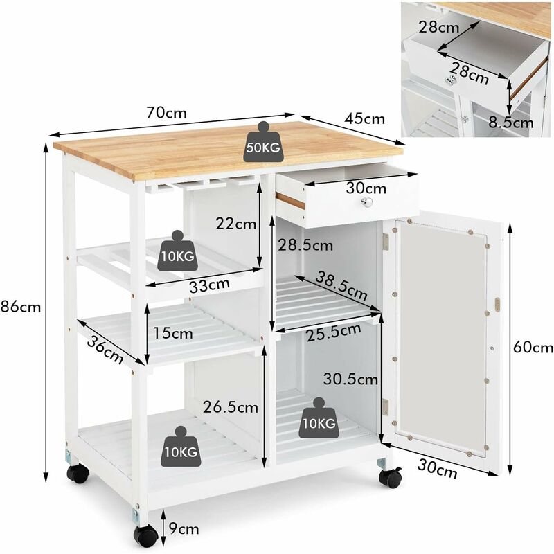 COSTWAY Carrello da Cucina con Ruote, Carrello Portaoggetti con Piano in  Legno di Gomma, Ripiani a Doghe e Cassetto, 70 x 45 x 86 cm, Bianco :  : Casa e cucina