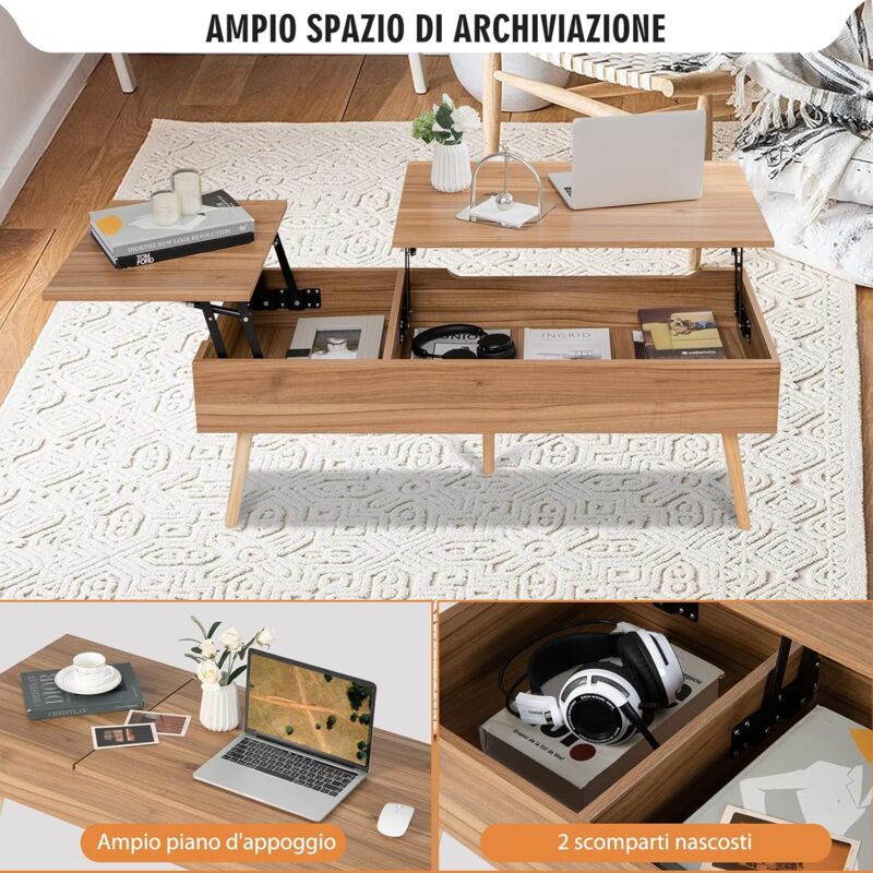 Tavolino Sollevabile SucceBuy, 100 x 48 x 40.5 cm, Tavolo da Salotto Ovale Scanalato con 3 Scomparti Nascosti, Scrivania Centrale in Legno Stile Metà Secolo