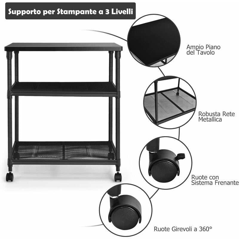 Carrello per libri con 4 ruote bloccabili su un lato, ideale per