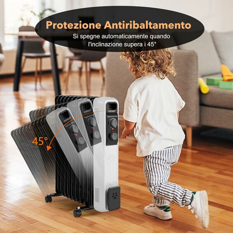 COSTWAY 2500W Radiatore ad Olio Basso Consumo, 11 Elementi 3 Livelli di  Riscaldamento, 0-85℃, con Ruote Universali e Custodia del Cavo, Protezione