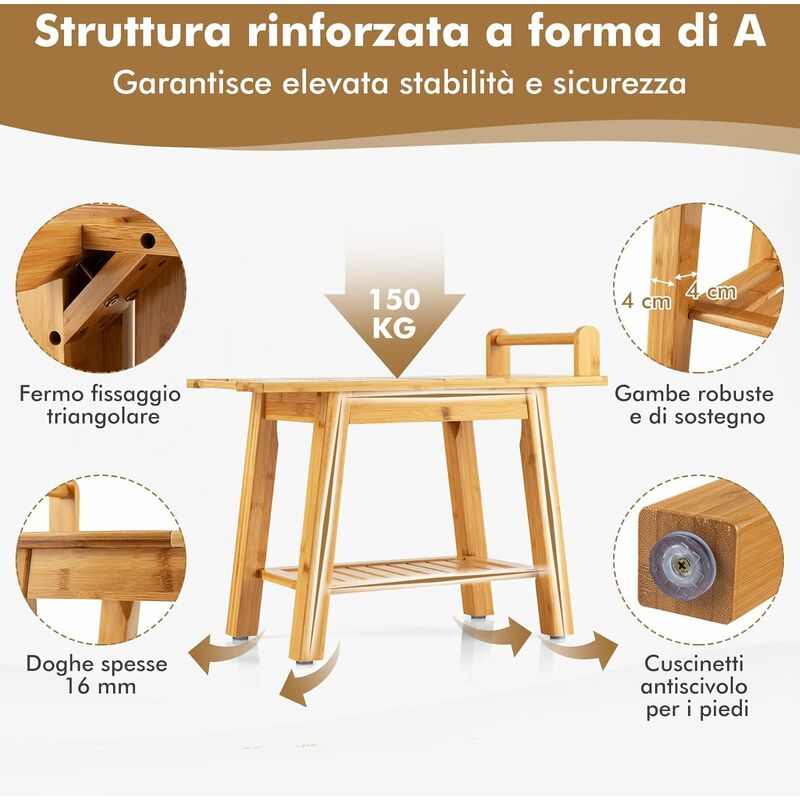 COSTWAY Panca da Doccia in Bambù, con Ripiano Portaoggetti, Sedile Spa a 2  Livelli, Sedia Doccia con Portata Massima 150kg, 60x30x50cm