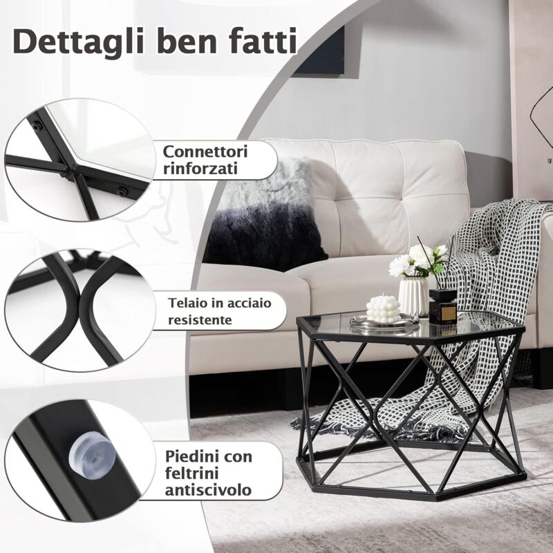 Tavolino Da Salotto COSTWAY In Legno E Finto Marmo - Nero, 70x70x40cm - Foto 9