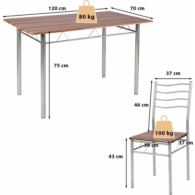 COSTWAY Set 5 Pezzi Tavolo da Pranzo, Tavolo Rettangolare con 4 Sedie con  Schienale Alto, Struttura in Acciaio, Set Mobili da Cucina per Casa  Ristorante (Argento+marrone)