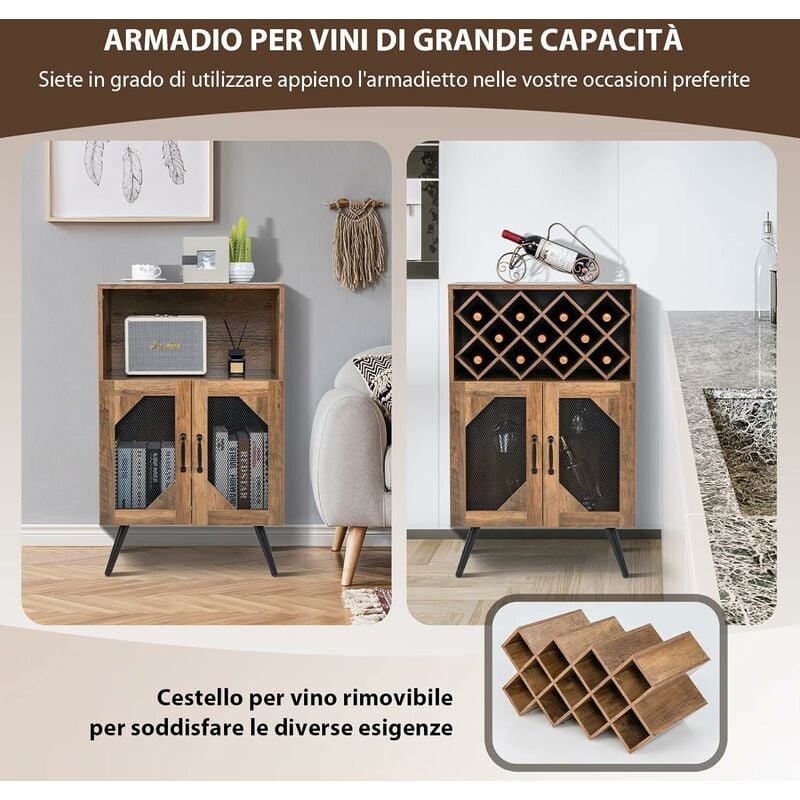 Mobile bar con portabottiglie staccabile a 3 livelli e 1 cassetto Credenza  industriale e portabicchieri per buffet Rete per la casa e la cucina del