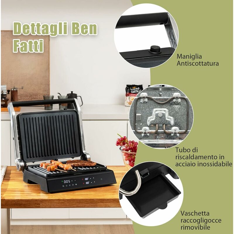 COSTWAY 3 in 1 Piastre per Panini 2000 W, Bistecchiera Elettrica con 5  Modalità Automatiche, Cottura Bifacciali, Timer 0-4H e Display a LED,  Materiale Antiaderente, Ideale per Panini e Barbecue