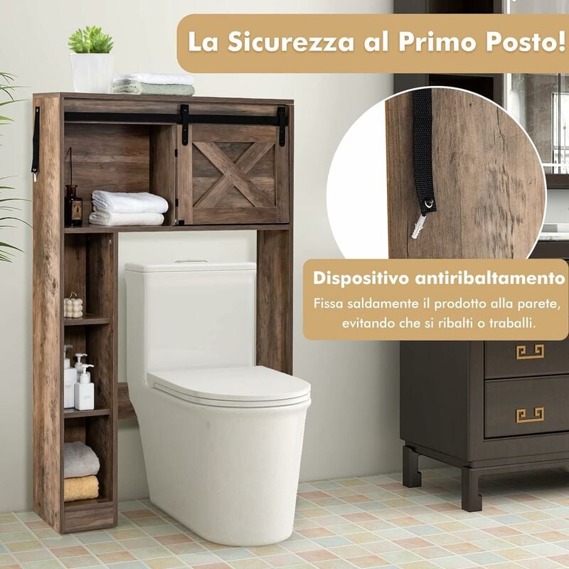 COSTWAY Mobile Salva Spazio Sopra WC, Organizzatore del Bagno in Legno con  Porta e 3 Ripiani di Stoccaggio, per Bagno Lavanderia, 84x17x128 cm  (Marrone)