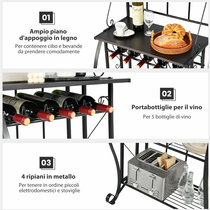 COSTWAY Scaffale da Cucina in Metallo, Microonde Scaffale a 5 Livelli,  Scaffale Multiuso per Cucina Sala da Pranzo Giardino, 63,5 x 41 x 173 cm