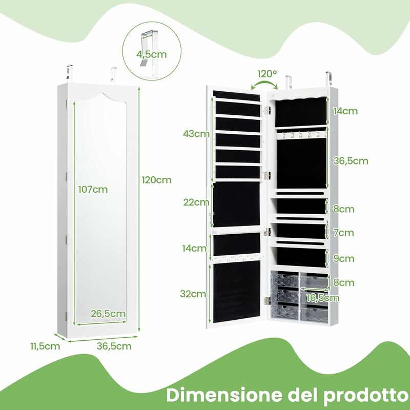 Costway Armadio Portagioie con specchio e 6 cassetti in legno Armadietto Portagioielli  da porta con 5 luci LED 36,5x11,5x120cm Bianco