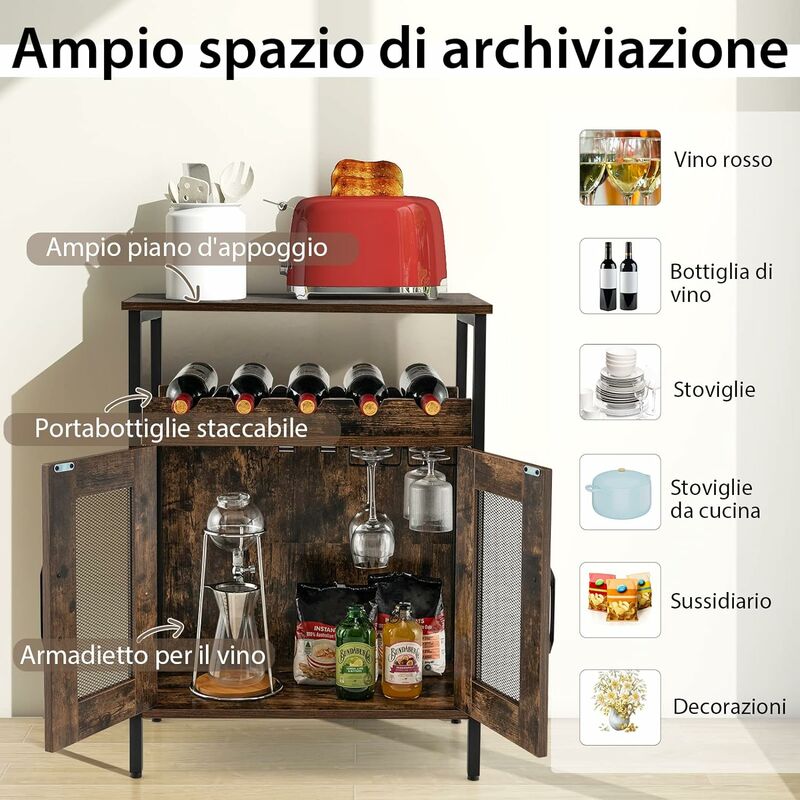 COSTWAY Armadio per Vino con Portaoggetti, Portabottiglie di Vino con  Portabottiglie e Porta Bicchieri Rimovibili, Armadietto con Portabottiglie,  60 x 34 x 79 cm