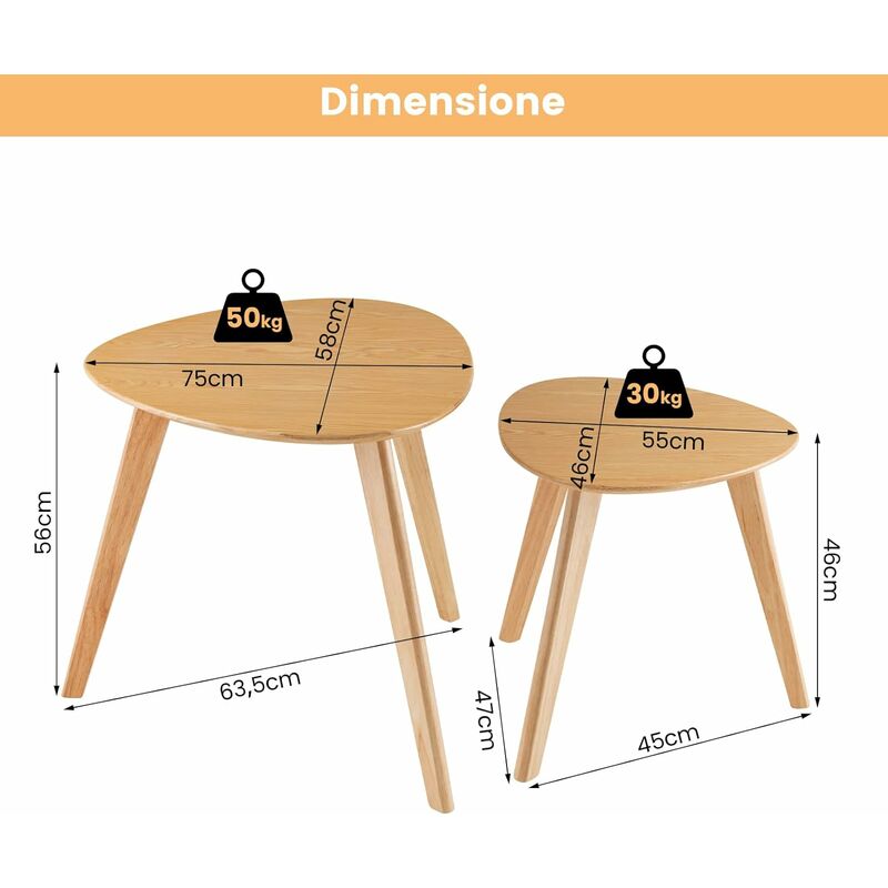 Set di 2 pezzi di tavolini da salotto in legno, Set di 2 tavolini da caffè  centrale a triangolo per soggiorno Colore legno - Costway