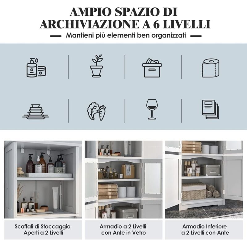 COSTWAY Armadio Da Terra Con 4 Ante - Mobile Per Bagno O Soggiorno Con Vetro, Cassetti E Ripiani Regolabili, 60x30x128cm Bianco - Foto 4