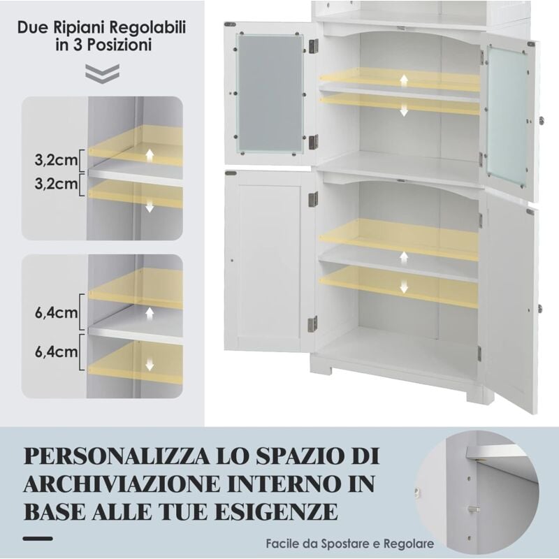 COSTWAY Armadio Da Terra Con 4 Ante - Mobile Per Bagno O Soggiorno Con Vetro, Cassetti E Ripiani Regolabili, 60x30x128cm Bianco - Foto 13