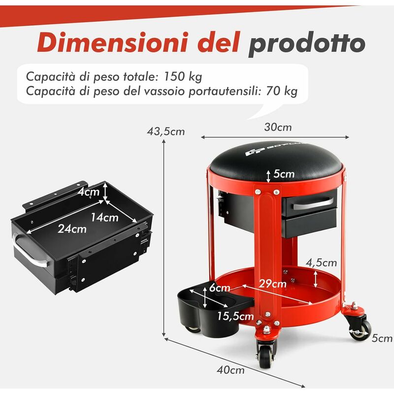 Sgabello da officina con ruote sedile imbottito e vassoio porta attrezzi,  Sgabello da meccanic portata 150KG - Costway