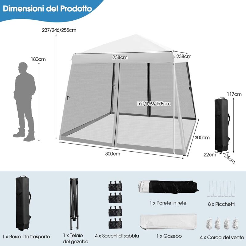 Gazebo Pieghevole Da Giardino COSTWAY 3x3 M - Impermeabile, Con Altezza Regolabile, Borsa Di Trasporto, Per Spiaggia, Campeggio, Feste