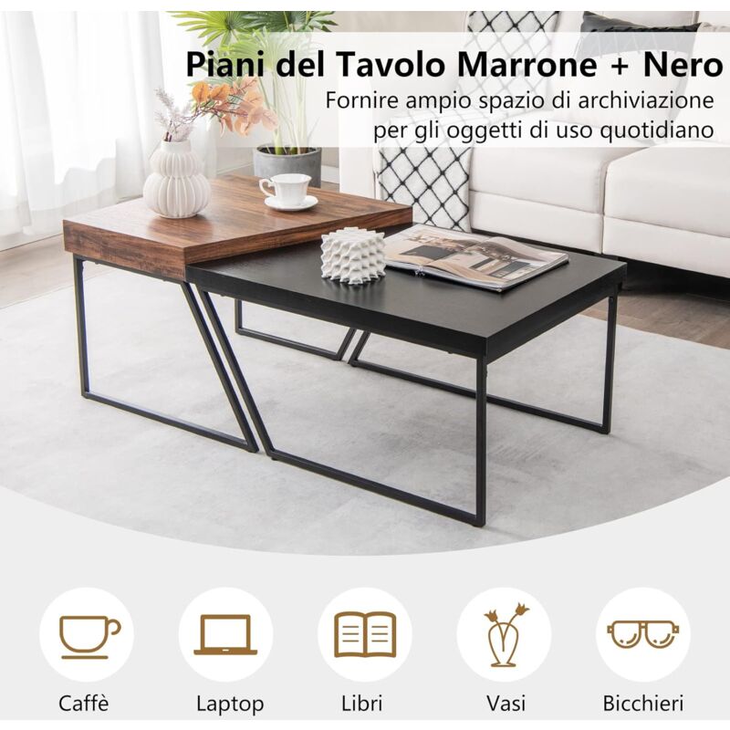 en.casa] Tavolino da Salotto con Piano Scorrevole Tavolo Basso con 2 Vani Nascosti Tavolino Contenitore 40 x 110 x 60 cm Nero/Effetto Legno Scuro