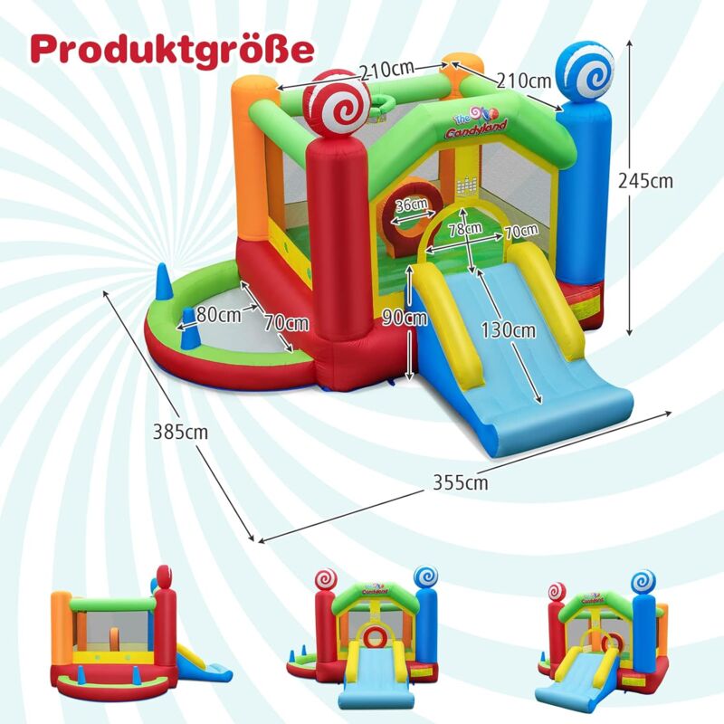 Castello Gonfiabile Per Bambini RELAX4LIFE 385x355x245 Cm – Tema Caramelle Con Scivolo, Trampolino, Piscina Di Palline, Canestro, Soffiatore 680W Incluso