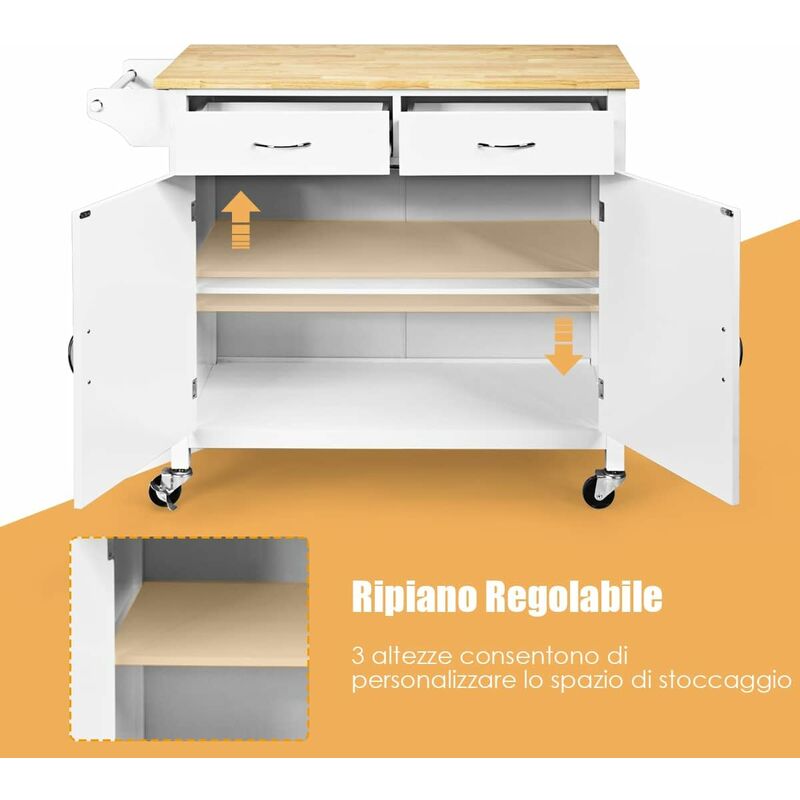 COSTWAY Carrello da Cucina con Ruote, Carrello di Servizio con Cassetti e  Portasciugamani, Carrello Portaoggetti Moderno Elegante, 110 x 48 x 90 cm  (Bianco)