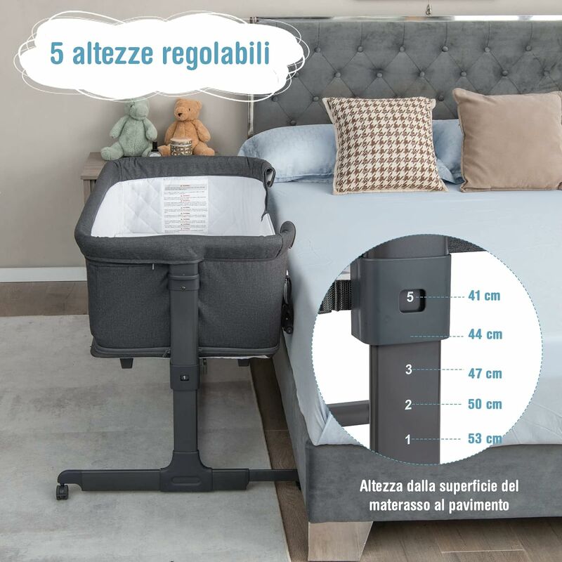 COSTWAY Culla Neonato Fianco 4 IN 1, Culla Co-sleeping con Spondina  Apribile, Altezza Regolabile, Inclinabile