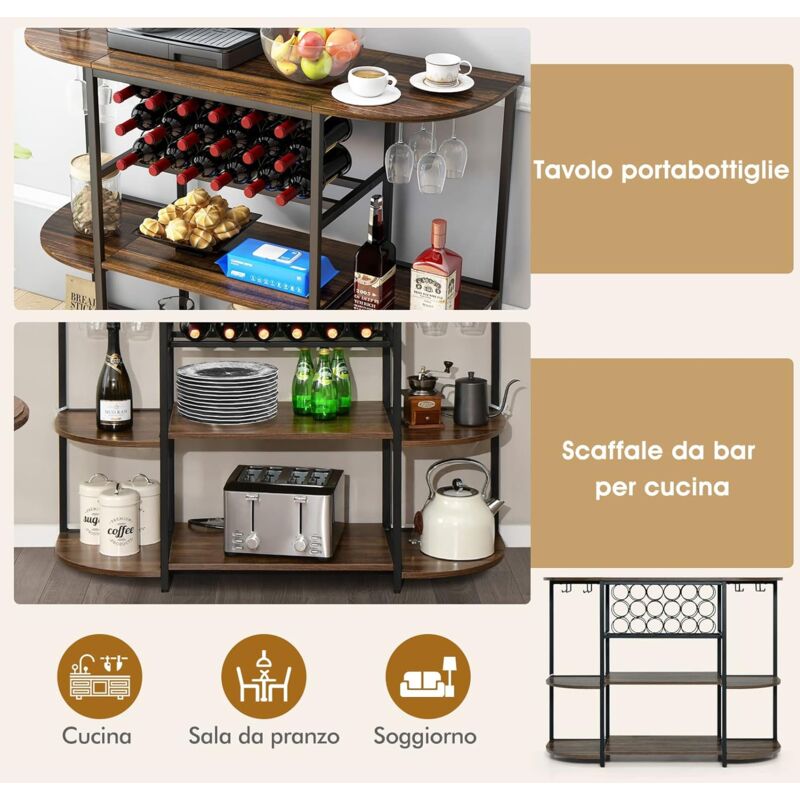 Tavolo Alto Da Bar Con Porta Calici E Griglie Per 6 Bottiglie - 120x40x105 Cm Nero/Effetto Noce Per Cucina O Sala - Foto 6
