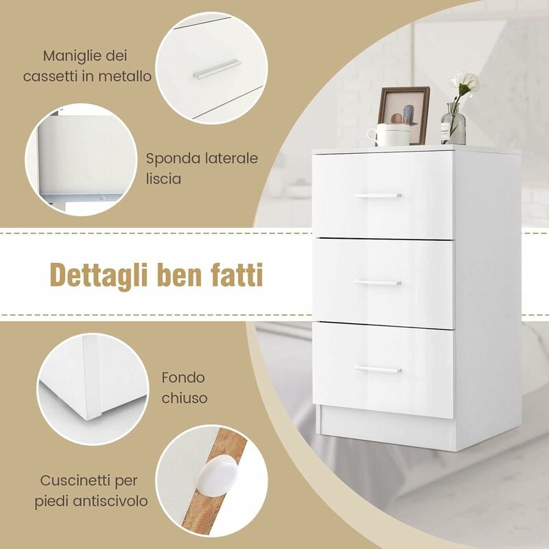 COSTWAY Cassettiera a 3 Cassetti, Comodino Cassettiera in legno, Comodino  Moderno con Cassetti per Soggiorno, Camera da Letto, Corridoio, Ufficio, 37  x 34 x 66,5 cm (Bianco, 1Pezzo)