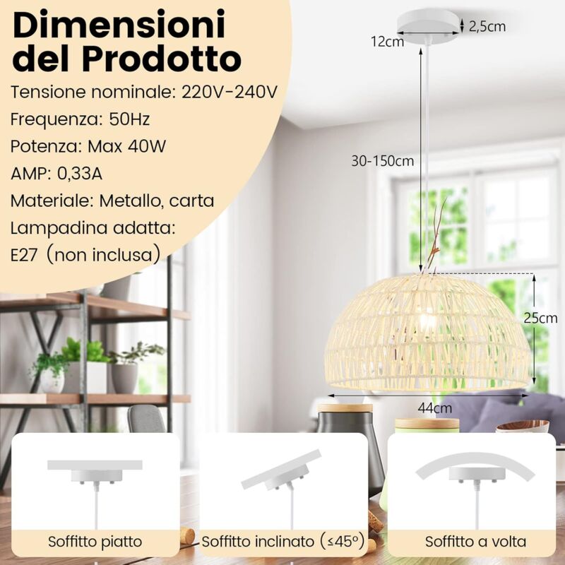 Lampadario A Sospensione In Corda Di Canapa - Stile Industriale Vintage, 6 Portalampade E27 (Senza Lampadina) - Foto 4