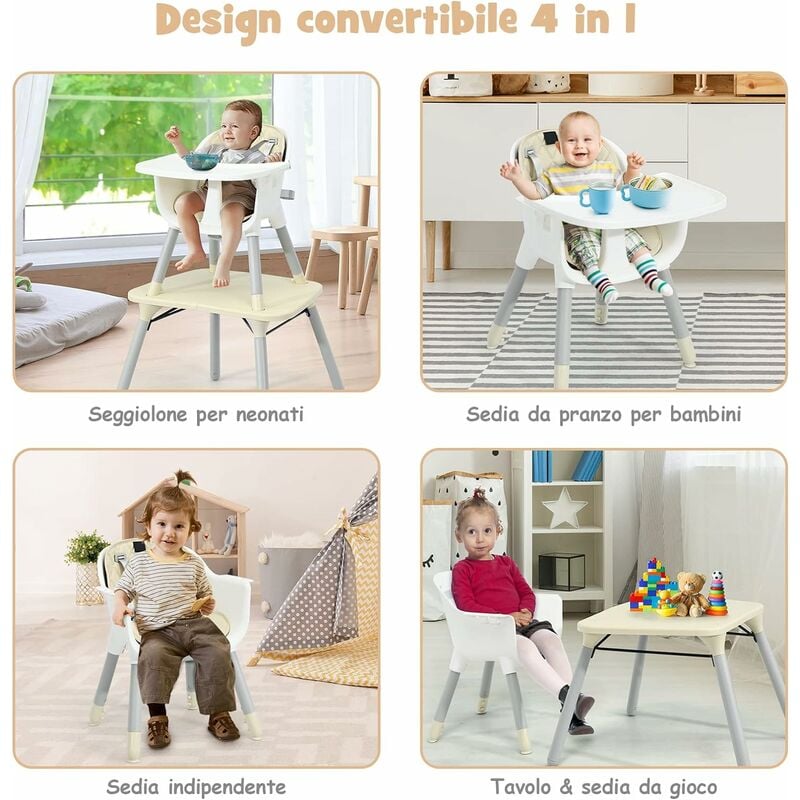 Seggiolone pappa per neonati e bambini con vassoio rimovibile, imbracatura  a 5 punti gambe regolabili in altezza, sedia da pranzo dai 6 mesi fino a 15