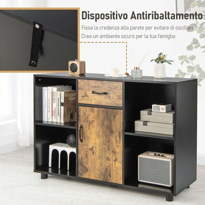 COSTWAY Credenza per Buffet, Mobile da Cucina con Ante, 4 Ripiani Aperti e  Cassetto, per Soggiorno, Sala da Pranzo e Cucina, Stile Industriale, Marrone  Vintage e Nero, 120 x 40 x 80 cm