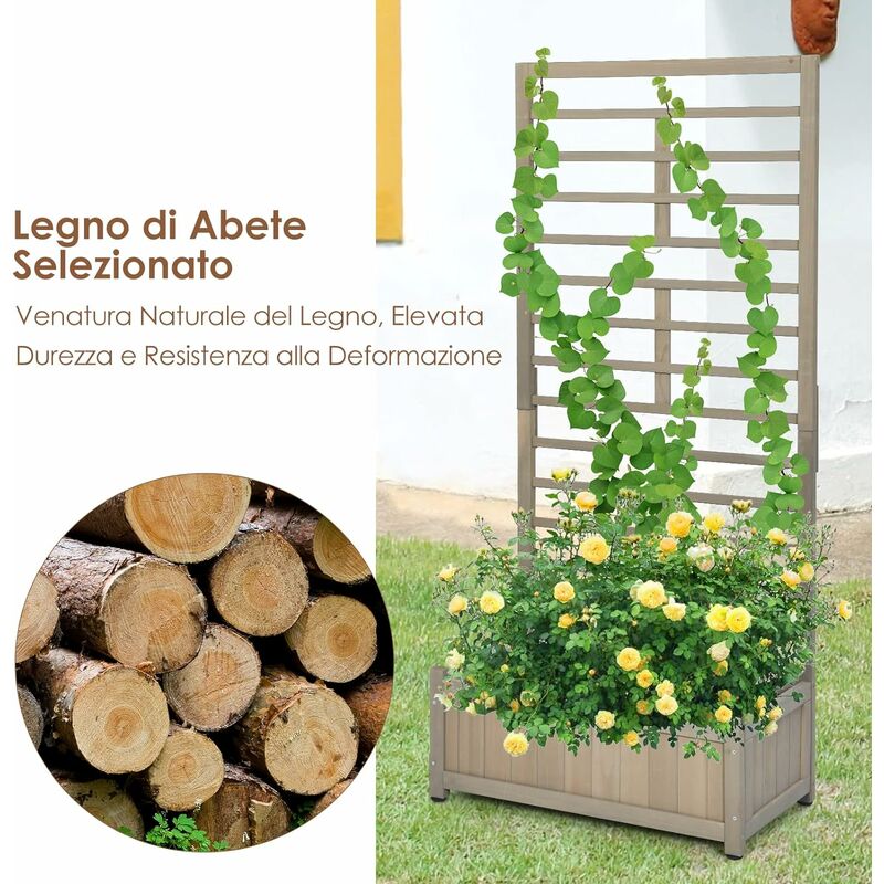 COSTWAY Letto da Giardino Rialzato con Spalliera, Fioriera in Legno  Verticale per Piante Rampicanti con Drenaggio