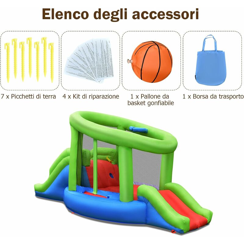 COSTWAY Castello Gonfiabile per Bambini, Casa Gonfiabile Con Scivolo,  Trampolino, Piscina, Canestro da Basket e Soffiatore, per 2 Bambini di 3-10  Anni, Con Borsa di Trasporto e Kit di Riparazione : 