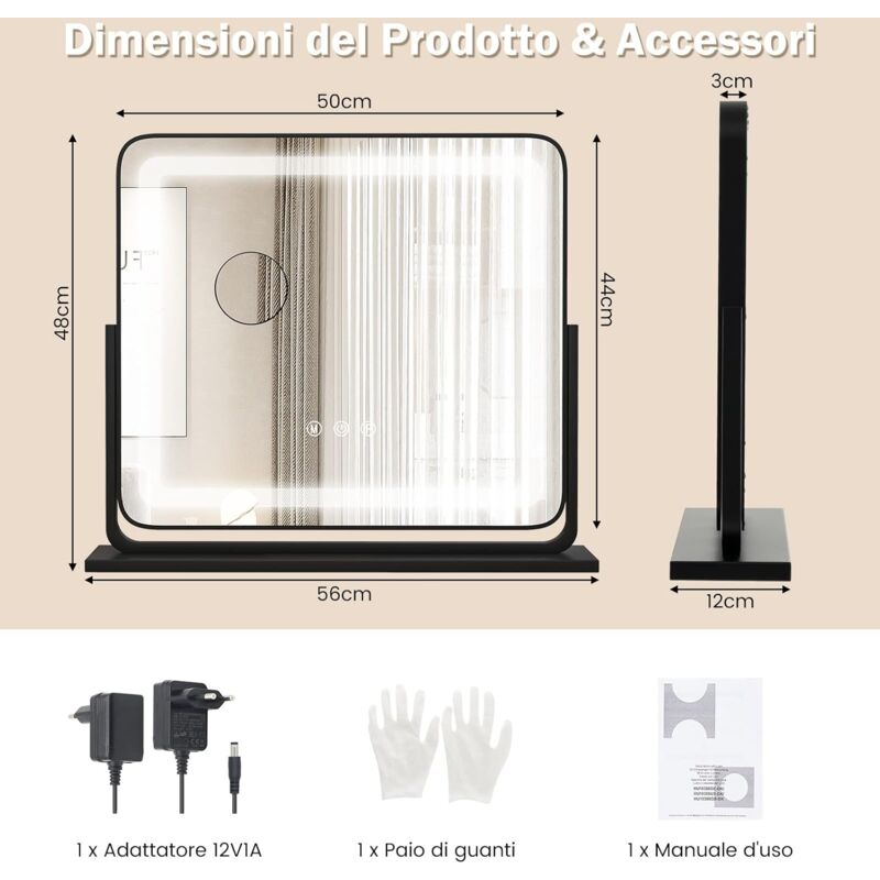 Specchio Da Tavolo Parete Hollywood Specchio Trucco Con Luci,15 LED,50x40 Cm ,Specchio Da Parete,3 Temperature Di Colore,Controllo Touch E Lente D'ingrandimento 10X,USB,Specchio Vanity Mirror