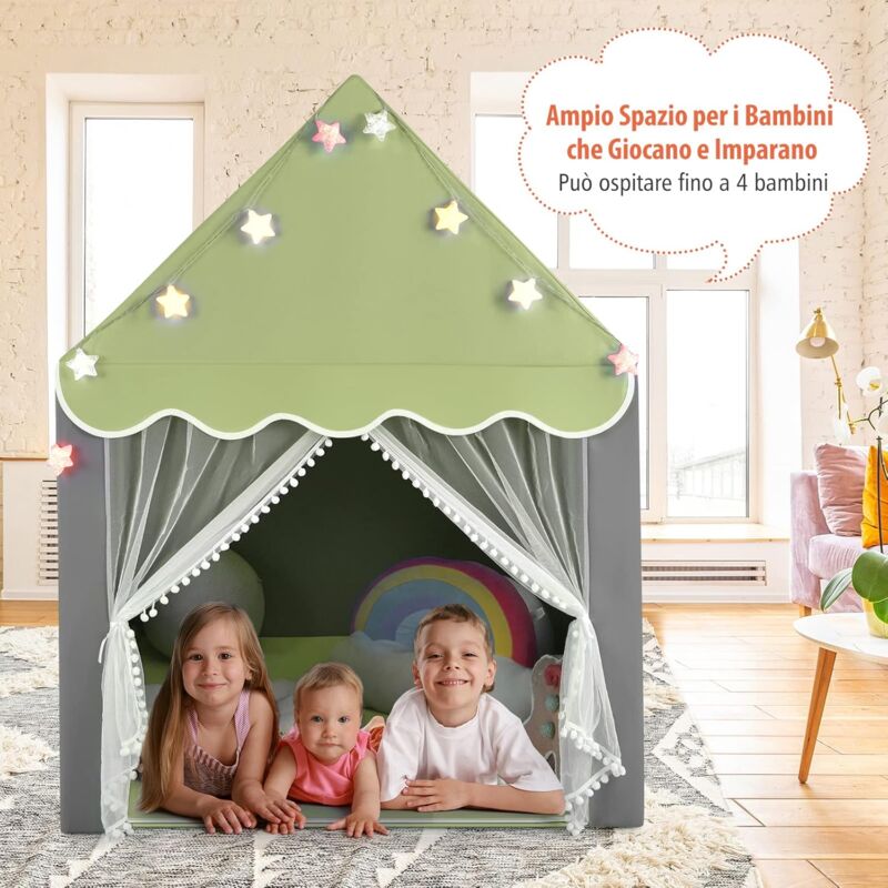 Tenda Da Gioco Per Bambini Con Tappetino E Luci A Stella – Casetta In Poliestere 130x120x100 Cm – Interni/Esterni, Regalo Per Sala Giochi Ragazze E Ragazzi
