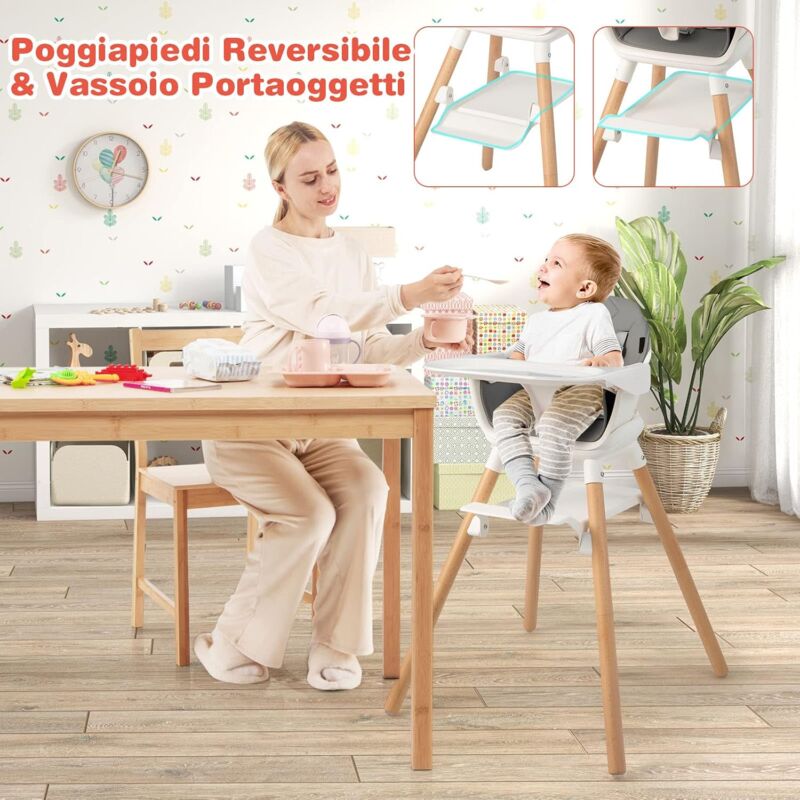 Seggiolone Per Bambini Con Design Convertibile E Cintura Di Sicurezza, Sedia Da Pranzo Alta Con Altezza Regolabile