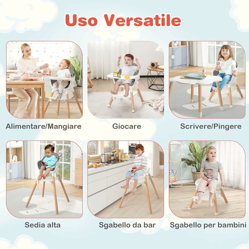 COSTWAY Seggiolone Pappa per Bambini, Seggiolone per Neonati con Cintura di  Sicurezza a 5 Punti, Vassoio Rimovibile e Cuscino impermeabile in PU, per  Bambini da 6 Mesi a 6 Anni (Bianco)