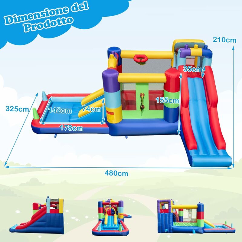 COSTWAY Castello Gonfiabile 5 in 1 con Soffiatore 680W, Casa Gonfiabile per  Bambini con 2 Scivoli, Trampolino, Piscina e 50 Palline, Canestro, Lancio  di Anelli e di Palline, 337x325x265 cm