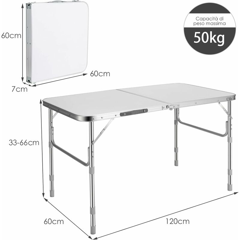 COSTWAY Tavolo pieghevole per uso domestico, 10 cm, regolabile in altezza, con  maniglia per il trasporto, 2PCS, per picnic, cortile, patio, 50kg capacità  di carico, design salvaspazio