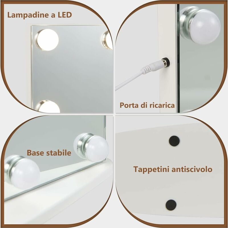 COSTWAY Specchio per Trucco, Specchio da Tavolo con luci LED a 3 Colori,  Luminosità Regolabile e