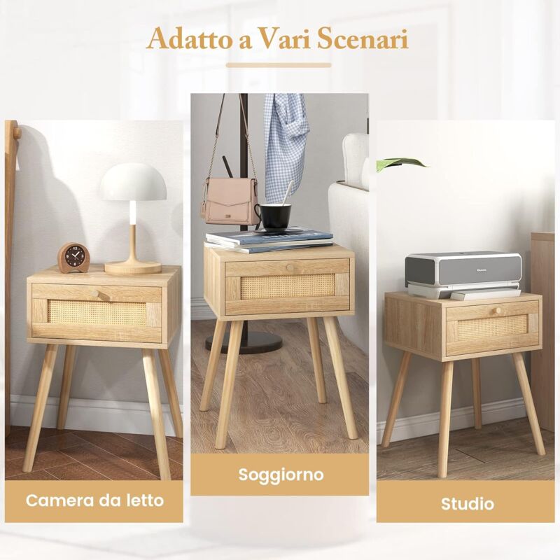 FNCK Comodino In Rattan Con 2 Cassetti – Stile Bohémien, Legno Massello E Antiribaltamento - 4