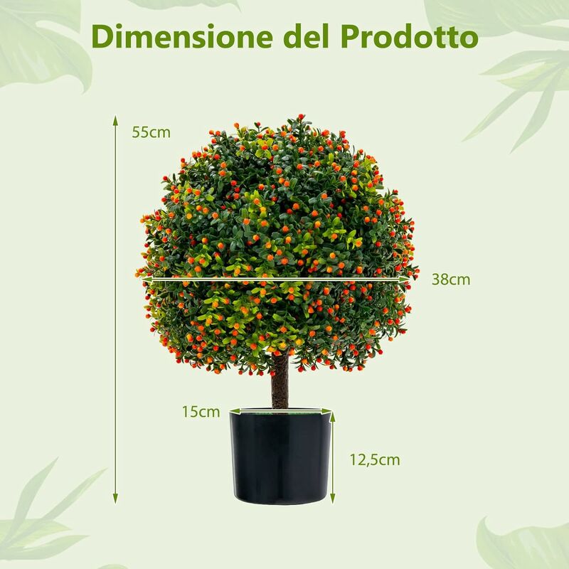 COSTWAY Pianta Finta 55 cm, 2 Sfere di Bosso Artificiali in Vaso  Realistiche con Frutti Arancioni, Foglie Lussureggianti e Base in Cemento,  Albero Artificiale da Esterno e Interno