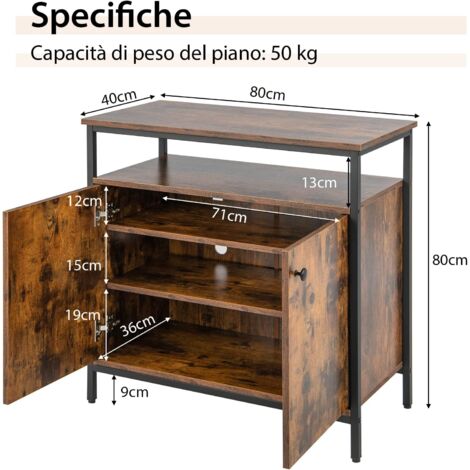 Credenza Industriale Con 2 Armadietti E 2 Cassetti - Mobile Buffet Per Soggiorno O Cucina, Marrone