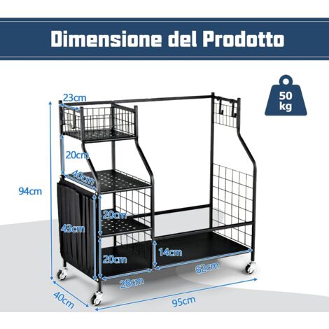 Organizer Per Attrezzature Sportive Signature Fitness - Carrello Con Cesti E Ganci Per Garage O Casa