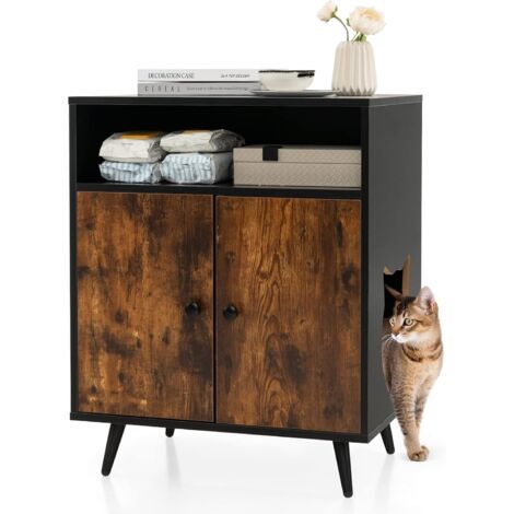 COSTWAY Mobile per Lettiera per Gatti, Casetta per Gatti con Ingresso, Gambe Inclinate e Scomparto Aperto, Tavolino in Legno Versatile per Salotto, 60 x 45 x 75 cm, Marrone e Nero