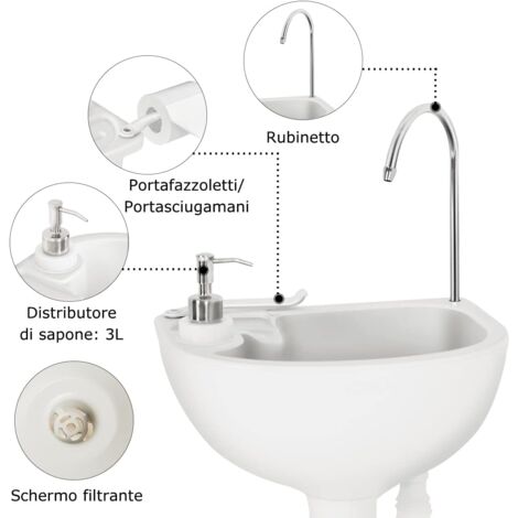 COSTWAY Lavandino da Campeggio con Pompa a Pedale, Lavandino Portatile con Serbatoio d'Acqua da 17L, Dispenser Sapone, Portasciugamani e Ruote (58 x34 x 102cm