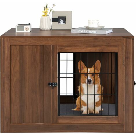 COSTWAY Gabbia per Cani con Doppie Porte Bloccabili, Cuccia in Legno per Cani con Cusino e Rete Metallica Antimorso, Kennel per Cani di Piccola e Media Taglia, per Uso Interno, 92 x 59 x 66,5 cm