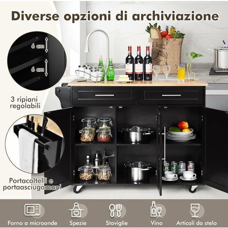 COSTWAY Carrello da Cucina, Carrello di Servizio con Ruote e Maniglia, 3  Ante e 2 Cassetti