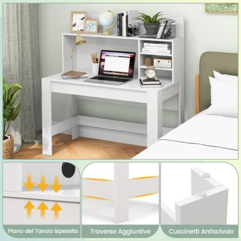COSTWAY Scrivania con Libreria, Scrivania Salvaspazio con Ripiani, Foro Passacavi e Kit Antiribaltamento, Scrivania Moderna da Studio, Camera da Letto e Ufficio, 120 x 54 x 129 cm, Bianco