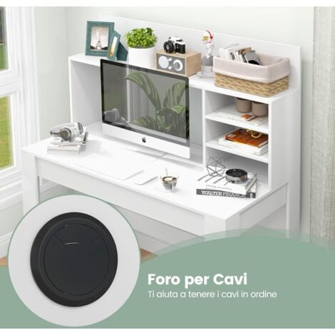 COSTWAY Scrivania con Libreria, Scrivania Salvaspazio con Ripiani, Foro Passacavi e Kit Antiribaltamento, Scrivania Moderna da Studio, Camera da Letto e Ufficio, 120 x 54 x 129 cm, Bianco