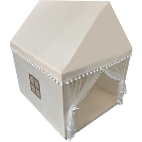 COSTWAY Tente de Jeux Enfant avec Tapis Doux & Lavable, Maison de Jeu en Château de Style Princesse en Coton, Cadre en Bois pour 3-4 Garçons et Filles, 120x105x140cm, Beige (1/5)
