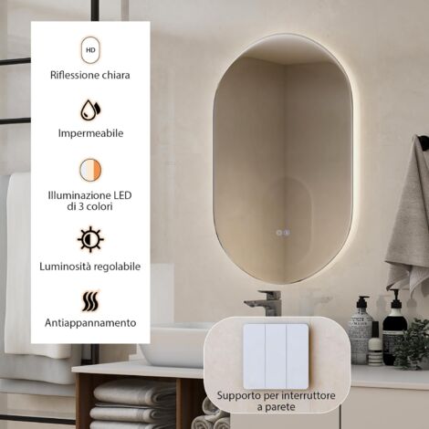 Specchio Da Bagno LED Dimmerabile 90x60 Cm Con Antiappannamento E Touch Screen - Cool2day, IP44, CRI 90+, Orizzontale/Verticale