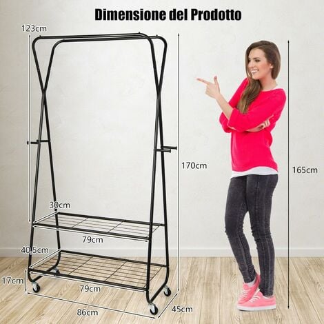 COSTWAY Stand Appendiabiti con Ruote, Appendiabiti da Terra in Metallo con  2 Barre Appendiabiti 2 Ripiani 4 Ganci, 86x45x170 cm