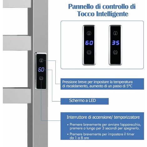 Termosifone elettrico riscaldato a 10 barre, Portasciugamani in acciaio  inox con timer e display LCD Argento - Costway